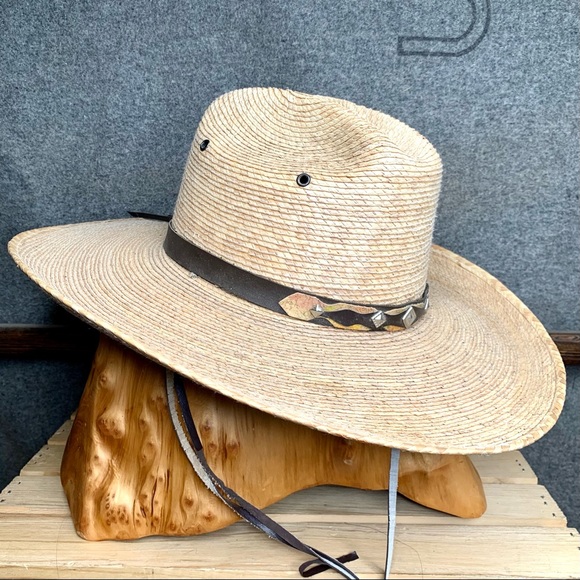 Vintage Accessories - Vintage Straw Hat with Western Leather Studded Belt